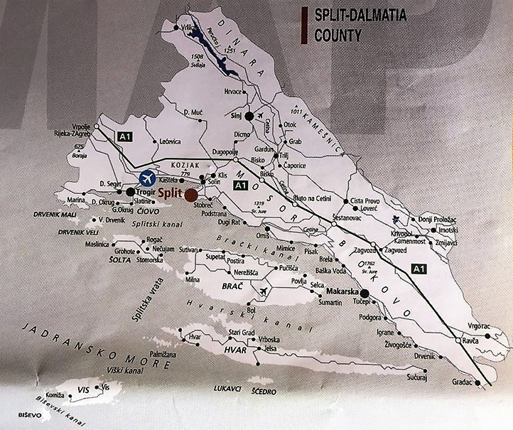 Map B W Split islands Croatia